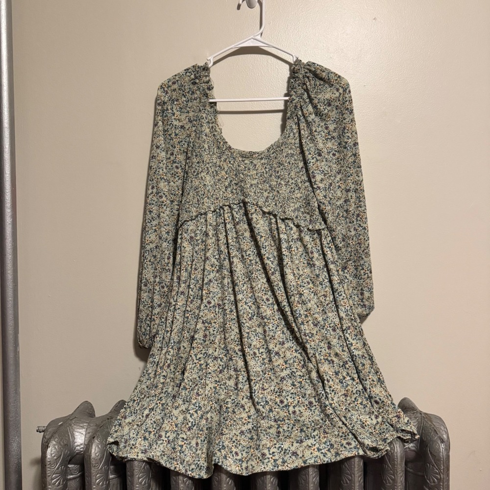 Women's M Floral Boho Mini Dress Long Sleeve Babydoll Dress Cottagecore Prairie